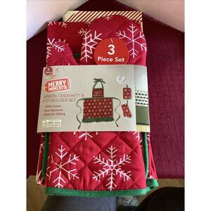 Christmas Snowflake Kitchen Apron 3-pc Set Snowflakes Holiday Baking New